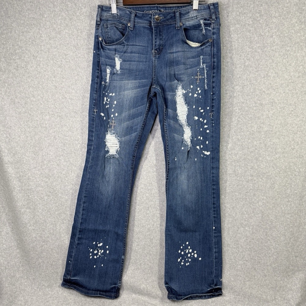 Cowgirl Tuff Girl Jeans Women Sz 9 Blue Distressed Paint Splatter Bootcut Flare